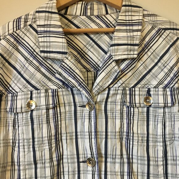 Plaid Seersucker White, Blue, Black and Metallic Silver Button Down Shirt - Picture 3 of 11